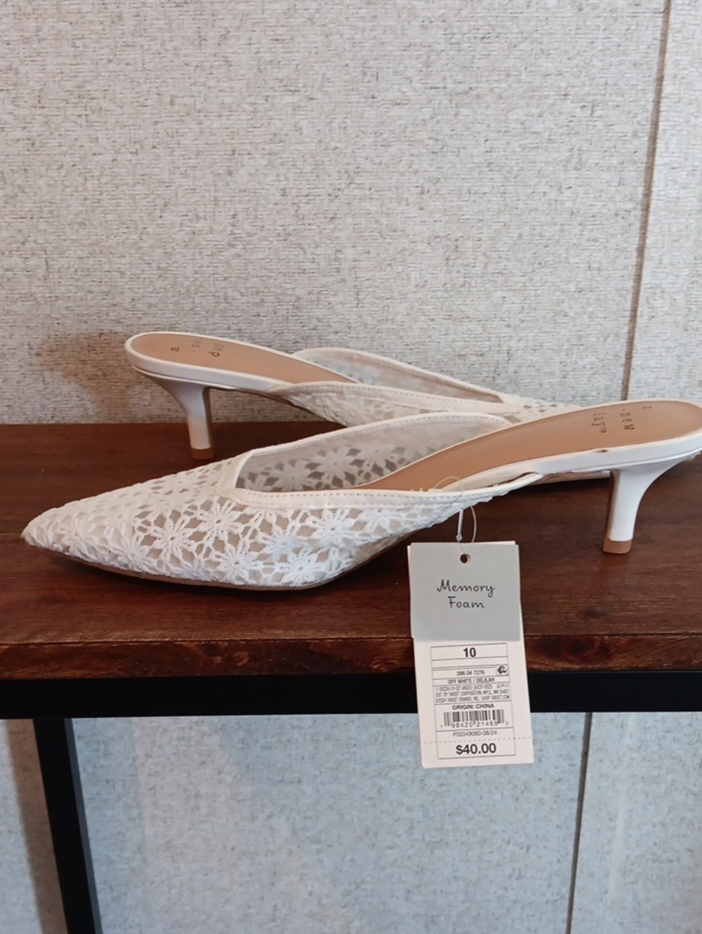 A New Day -Elegant White Lace Pointed-Toe Kitten Heel Mules Size 10